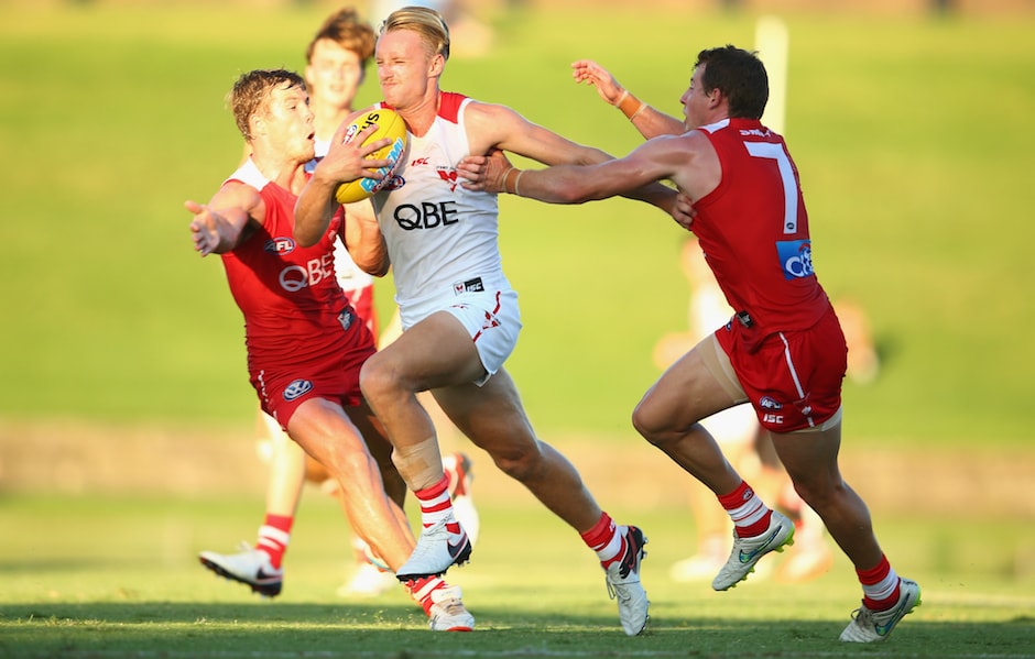 AFL 2016 Training - Sydney Intra-Club Match SYDNEY, AUSTRALIA - FEBRUARY 12: James Rose of the White team runs the ball during the Sydney Swans AFL intra-club match at Henson Park on February 12, 2016 in Sydney, Australia. (Photo by ark Kolbe/Getty Images/AFL Media)